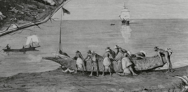 Bubis launching a canoe into the water, Concepcion Bay, Fernando Poo Island, Spanish Guinea, 1883.  Creator: Tomás Carlos Capuz.