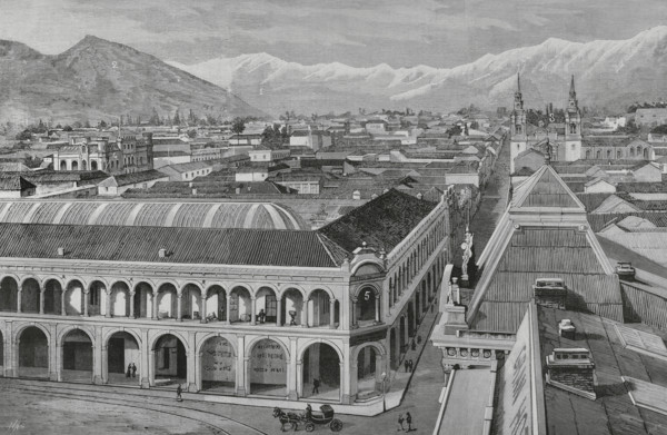 Partial view of the city and the nearby hills, Santiago, (Santiago de Chile), Chile, 1883. Creator: Bernardo Rico.