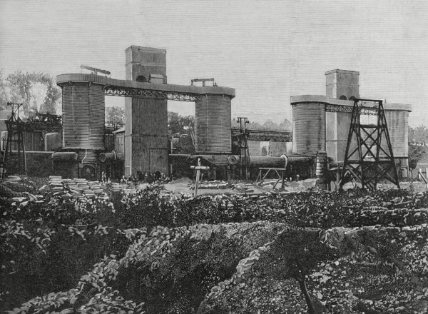 View of the furnaces, iron foundry known as 'La Mudela', Spain, 1883. Creator: Bernardo Rico.
