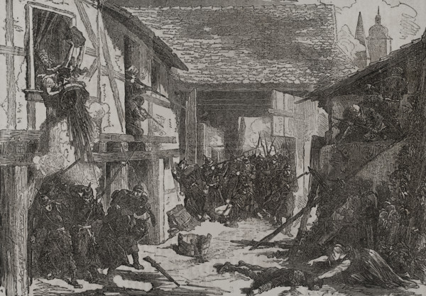 Franco-Prussian War (1870-1871): Battle of Wissembourg, 1870 -  Peasants defending a farmhouse,1870. Creator: Unknown.