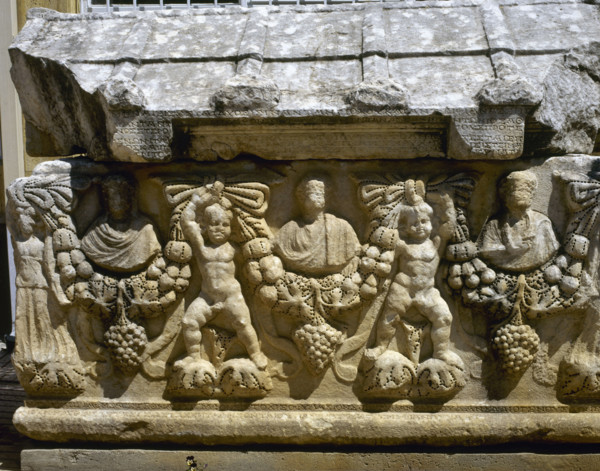 Detail of one of the faces of a Roman sarcophagus, Aphrodisias (Anatolia, Turkey), 2000. Creator: LTL.
