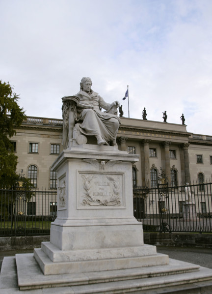 Marble statue of Wilhelm von Humboldt at the entrance to Humboldt University, Berlin, Germany, 2025. Creator: LTL.