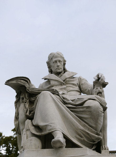 Marble statue of Wilhelm von Humboldt at the entrance to Humboldt University, Berlin, Germany, 2025. Creator: LTL.