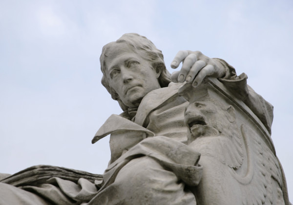 Marble statue of Wilhelm von Humboldt at the entrance to Humboldt University, Berlin, Germany, 2025. Creator: LTL.