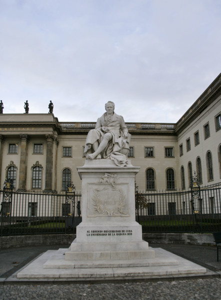 Marble statue of Alexander von Humboldt, entrance to Humboldt University, Berlin, Germany, 2025. Creators: LTL, Reinhold Begas.