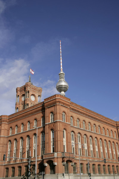 Red Town Hall, (Rotes Rathaus) from Spandauer Strasse, Berlin, Germany, 2025.  Creator: LTL.