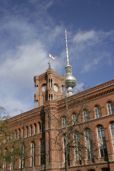 Red Town Hall, (Rotes Rathaus) from Spandauer Strasse, Berlin, Germany, 2025.  Creator: LTL.
