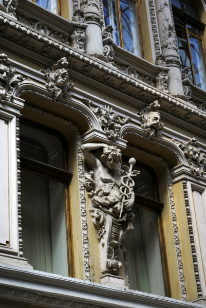 Facade and statues, "The Passage", hotel and mall, Odessa, Ukraine, 2011.  Creator: LTL.
