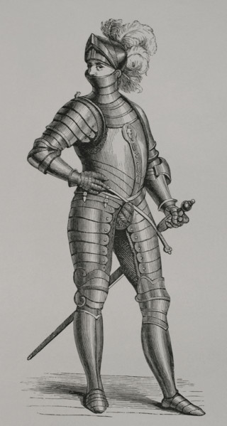 Knight in armour, 1590, (1877). Engraving from a design by Cesare Vecellio (c1521-c1601). Creator: Unknown.