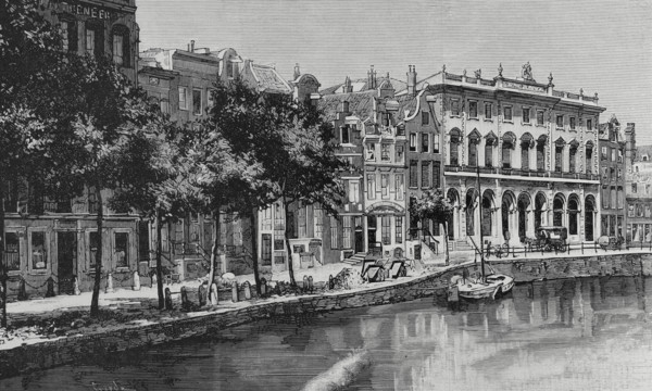 Nieuwezijds Voorburgwal street and canal with the Royal Post Office, Amsterdam, Netherlands, 1883.  Creator: Tomás Carlos Capuz.