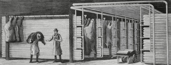 Application of cold to industry, Raoul Pictect system, cool room for meat, Chicago, US, 1883.  Creator: Unknown.