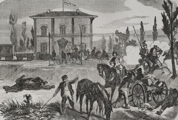 Franco-Prussian War (1870-1871): The Germans at Courcelles, according to a sketch by O. Fikentscher. Creator: Unknown.