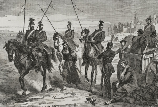 Franco-Prussian War (1870-1): Prussian Uhlans lead a captured French spy to the camp near Metz,1870. Creator: Tomás Carlos Capuz.