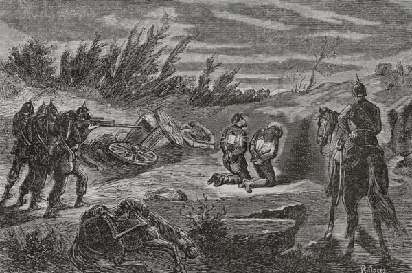 Franco-Prussian War (1870-71): Night execution of two men, caught...marauding a Prussian camp, 1870. Creator: Ribas.
