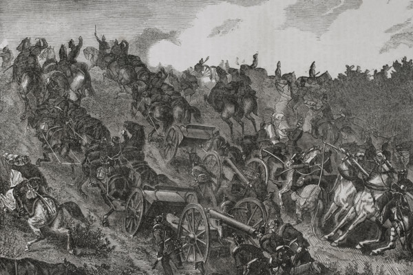 Franco-Prussian War (1870-1871): Prussian artillery engaging in combat, August 1870 (1870).  Creator: Unknown.