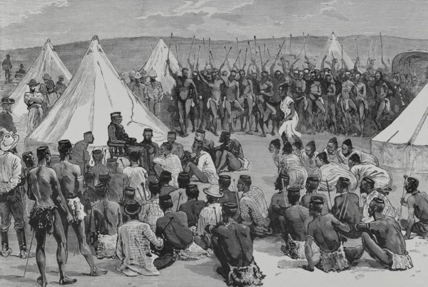 King Cetewayo receiving a deputation of his relatives at Intonyanene, 1883.  Creator: Unknown.