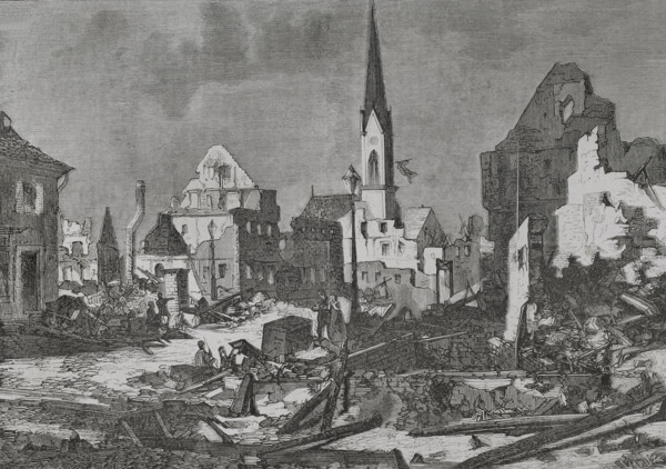 Franco-Prussian War (1870-71): The main street in Kehl after bombardment by French artillery, 1870.  Creator: Tomás Carlos Capuz.