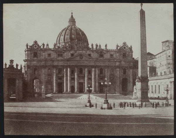 Front facade of St. Peter's Basilica, Rome, with obelisk at right, c1858. Creator: Jane Martha St. John.