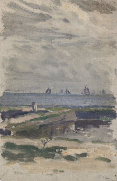 Study of a beach with a view out to sea and sailing boats, (Holland), mid-late 1870s. Creator: George Clausen.