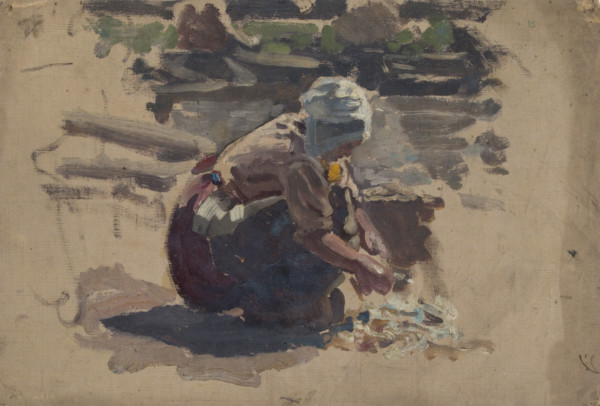 Study of a Dutch woman washing fish on a beach, mid-late 1870s. Creator: George Clausen.