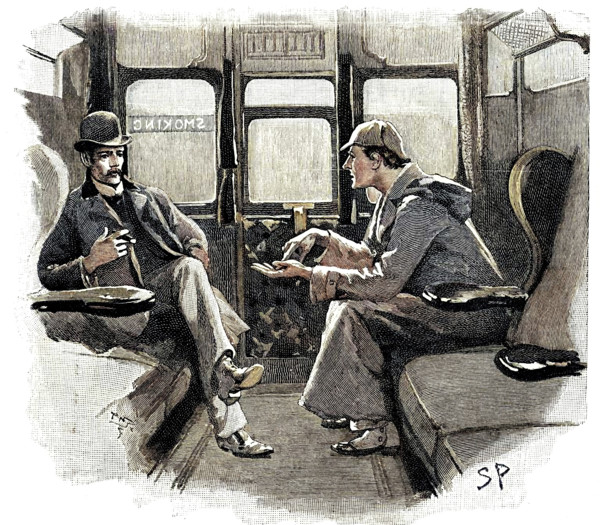 The Adventure of Silver Blaze, Holmes and Watson on train. Creator: Sidney E Paget.
