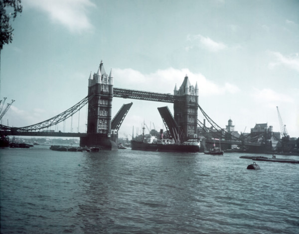 Tower Bridge with bascules raised, London, c1955.  Creator: Arthur Charles Kirby Ware.