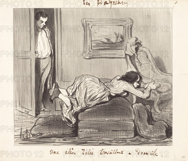 Une élève zélée travaillant à domicile, 1847. Creator: Honore Daumier.