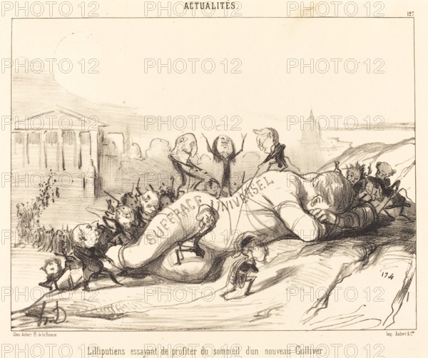 Lilliputiens essayant de profiter du sommeil..., 1850. Creator: Honore Daumier.