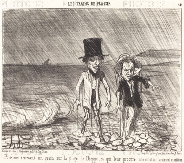 Parisiens recevant un grain sur la plage de Dieppe..., 1852. Creator: Honore Daumier.