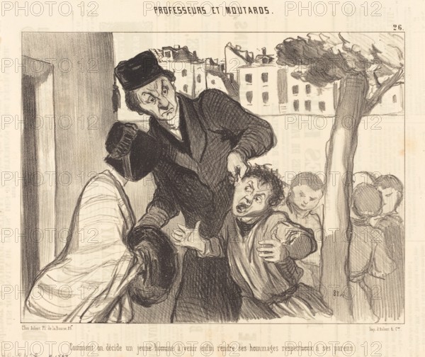 Comment on décide un jeune homme à venir enfin rendre ses hommages respectuex à se parens, 1846. Creator: Honore Daumier.