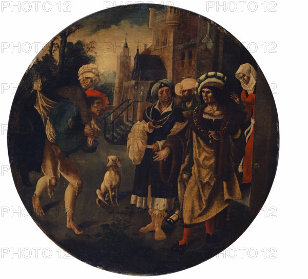 The prodigal son, burdened with poverty, is turned away from a rich man's door, c1520. Creator: Jan de Beer.