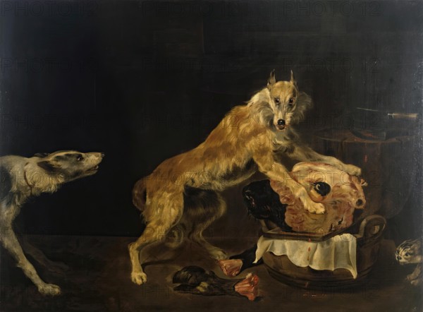 Dogs with a Bull's Head, 1650. Creator: Paul de Vos.