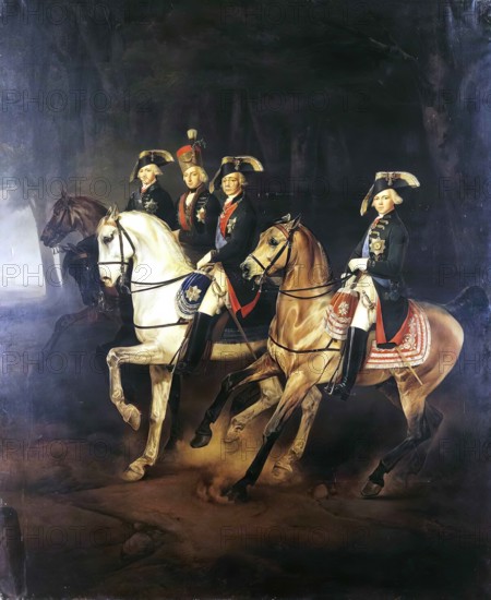 Equestrian Portrait of Emperor Paul I with his Sons and Joseph I, King of Hungary, 1848. Creator: Georg von Bothmann.