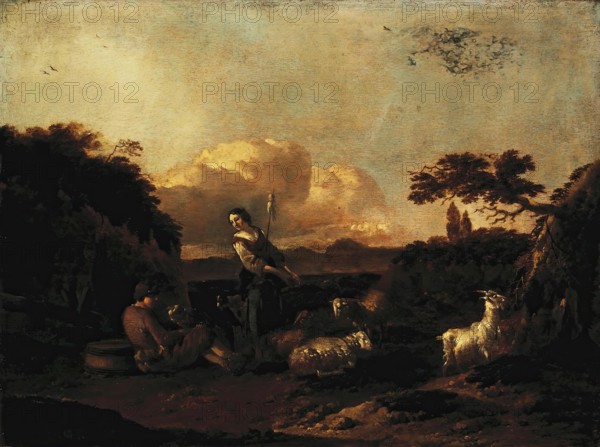 Shepherdess and a Flock of Sheep, 1660. Creator: Jan Frans Soolmaker.