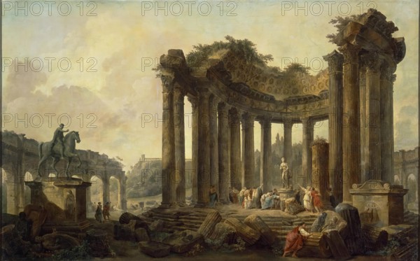 Landscape with the Ruins of the Round Temple, with a Statue of Venus and a Monument to..., 1789. Creator: Hubert Robert.