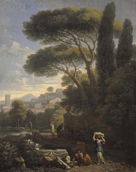 Landscape in Latium with Three Female Figures by a Fountain, 1734. Creator: Jan Frans van Bloemen.