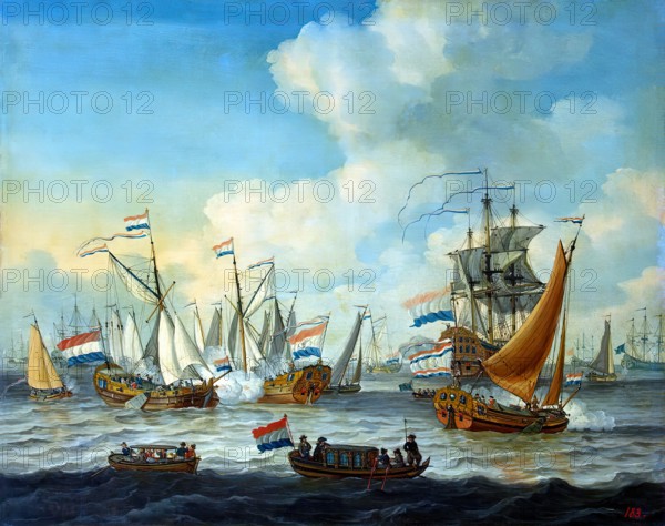 Fleet Manoeuvres Performed in the Ijsselmeer for Peter I During His Visit to Amsterdam, 1698. Creator: Adam Silo.
