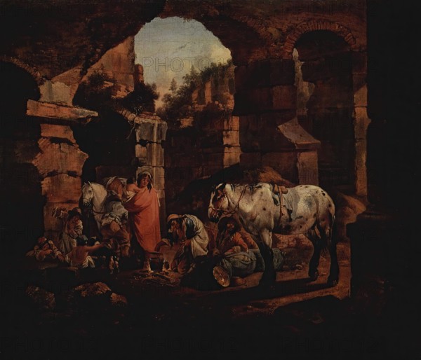 Gipsy Camp in Ancient Ruins, 1675. Creator: Johann Heinrich Roos.