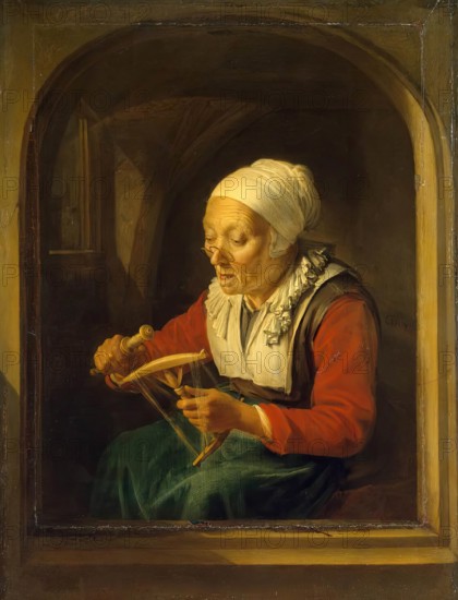Old Woman Unreeling Threads, 1660. Creator: Gerrit Dou.