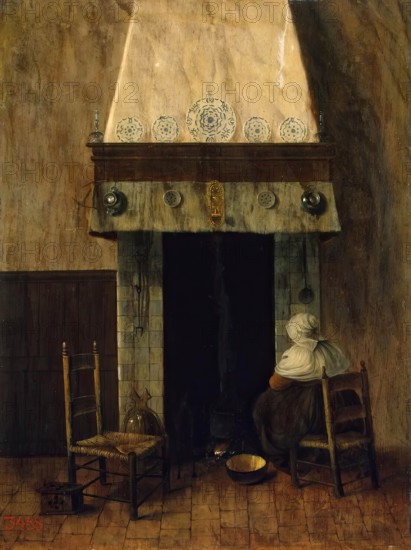 An Old Woman by a Fireplace, 1655. Creator: Jacobus Vrel.