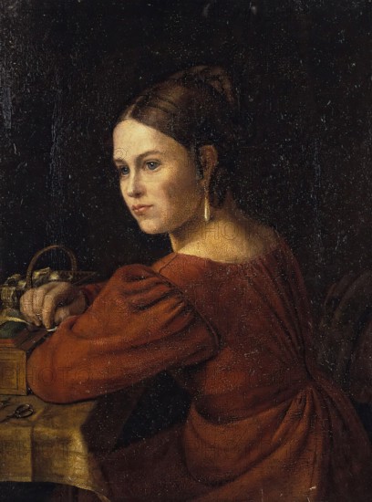 Portrait of a Young Woman in a Dark-Red Dress, 1841. Creator: Alexander Varnek.
