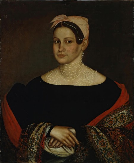 Portrait of a Merchant Wife in a Low-cut Black Dress with Puffed Sleeves, 1838. Creator: Ivan Tarkhanov.