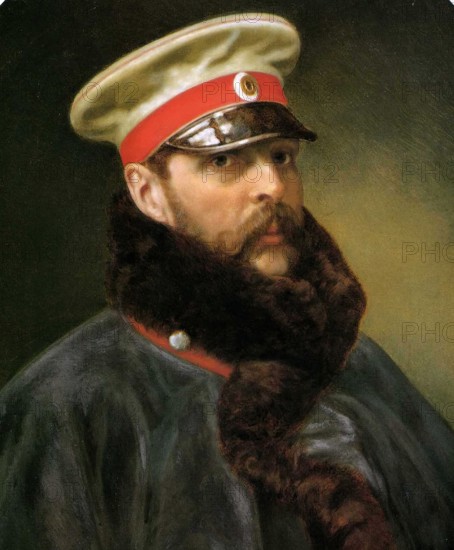 Portrait of Emperor Alexander II Wearing the ‘Nicholas’ Battle Greatcoat and the Peaked Cap...,1888 Creator: Monogrammist "?.?.".