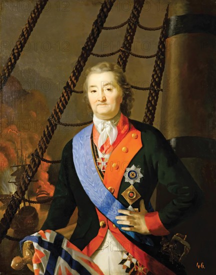 Portrait of Count Alexei Orlov Against a Background of the Chesme Battle, 19th century. Creator: Unknown.
