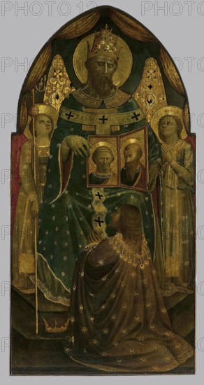 Emperor Constantine in front of Pope Sylvester I Showing Depictions of Sts Peter and Paul..., 1450. Creator: Andrea di Giusto.