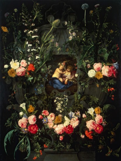 Garland of Flowers Around a Cartouche with Jesus and St John the Baptist as Children, 1630. Creator: Daniel Seghers.