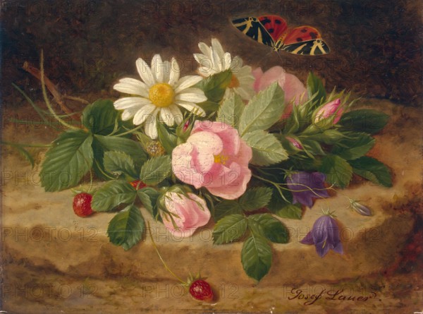 Bouquet of Flowers with a Butterfly, 1850. Creator: Josef Lauer.