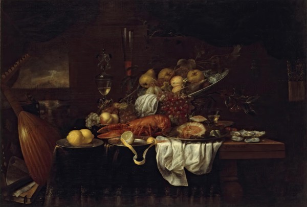 Lobster, Oysters and Fruits on the Table, 1655. Creator: Joris van Son.