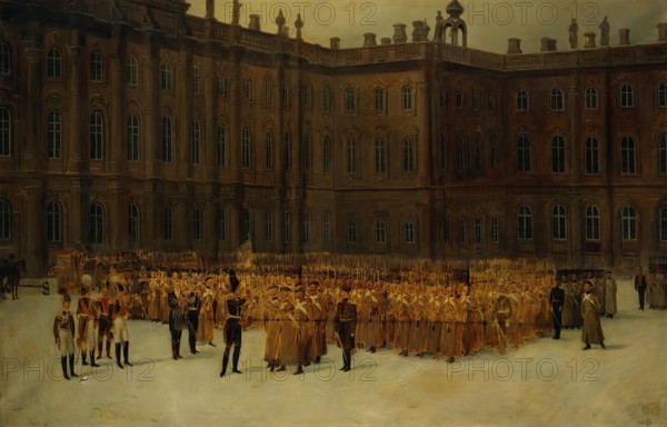Nicholas I before the Unit Formation of the Life-Guards Field Engineer Battalion...1825, 1861. Creator: Vasily Maksutov.