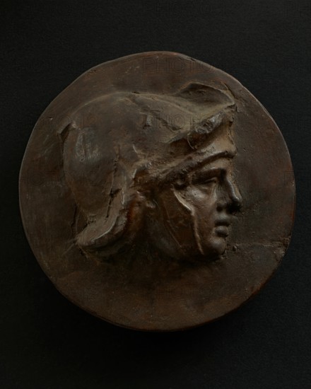 Cast of head of full-faced, young Roman soldier in helmet. Creator: Unknown.